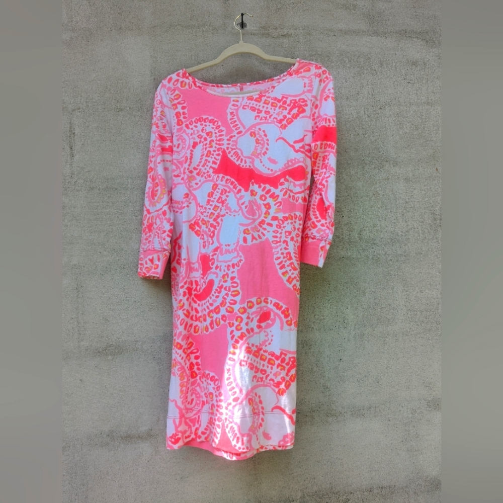 LILLY PULLITZER hot pink mini dress sheath dress 3/4 sleeves size M